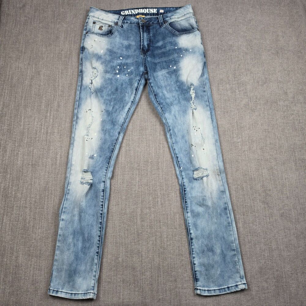 Grindhouse Denim Mens 32x32 Distressed Paint Splatter Acid Wash Slim Jeans Blue